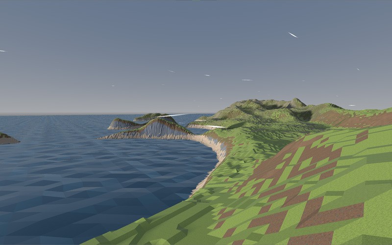 A low-poly 3D terrain showcasing coastal cliffs, grassy hills, and polygonal water—an artistic representation of the mathematical principles behind mesh generation.